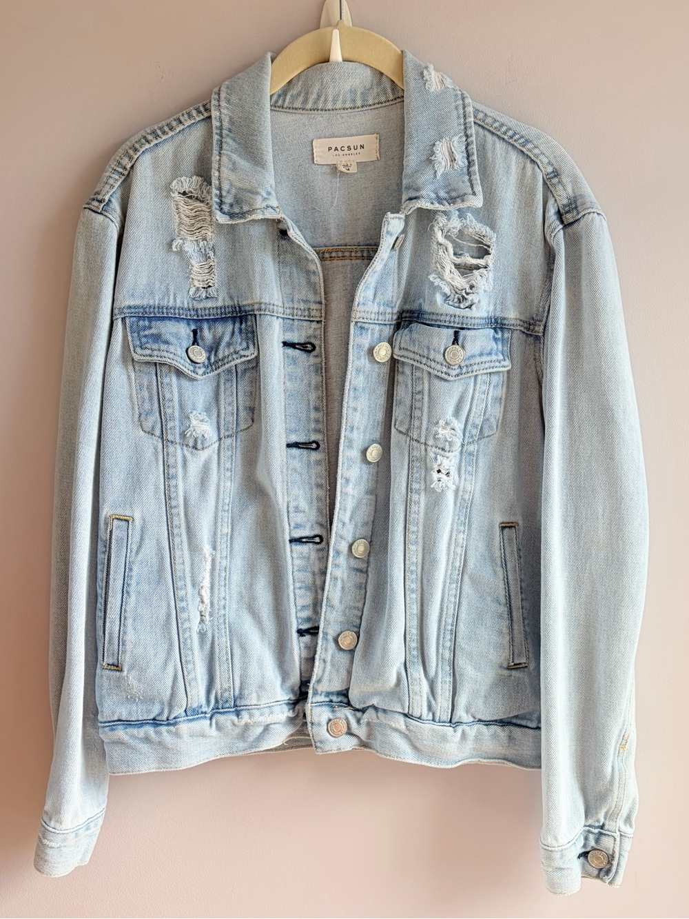PacSun Denim Jean Trucker Jacket Light Blue Distressed Cotton Boyfriend EUC S